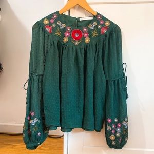 Zara bottle green embroidered blouse